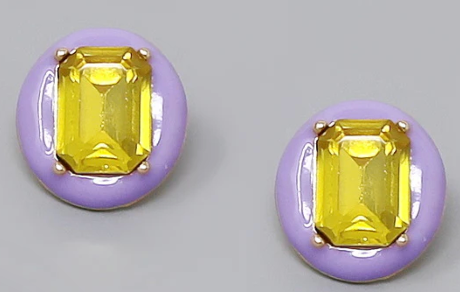 Emerald Cut Glass Stone Oval Enamel Stud Earrings (+colors)