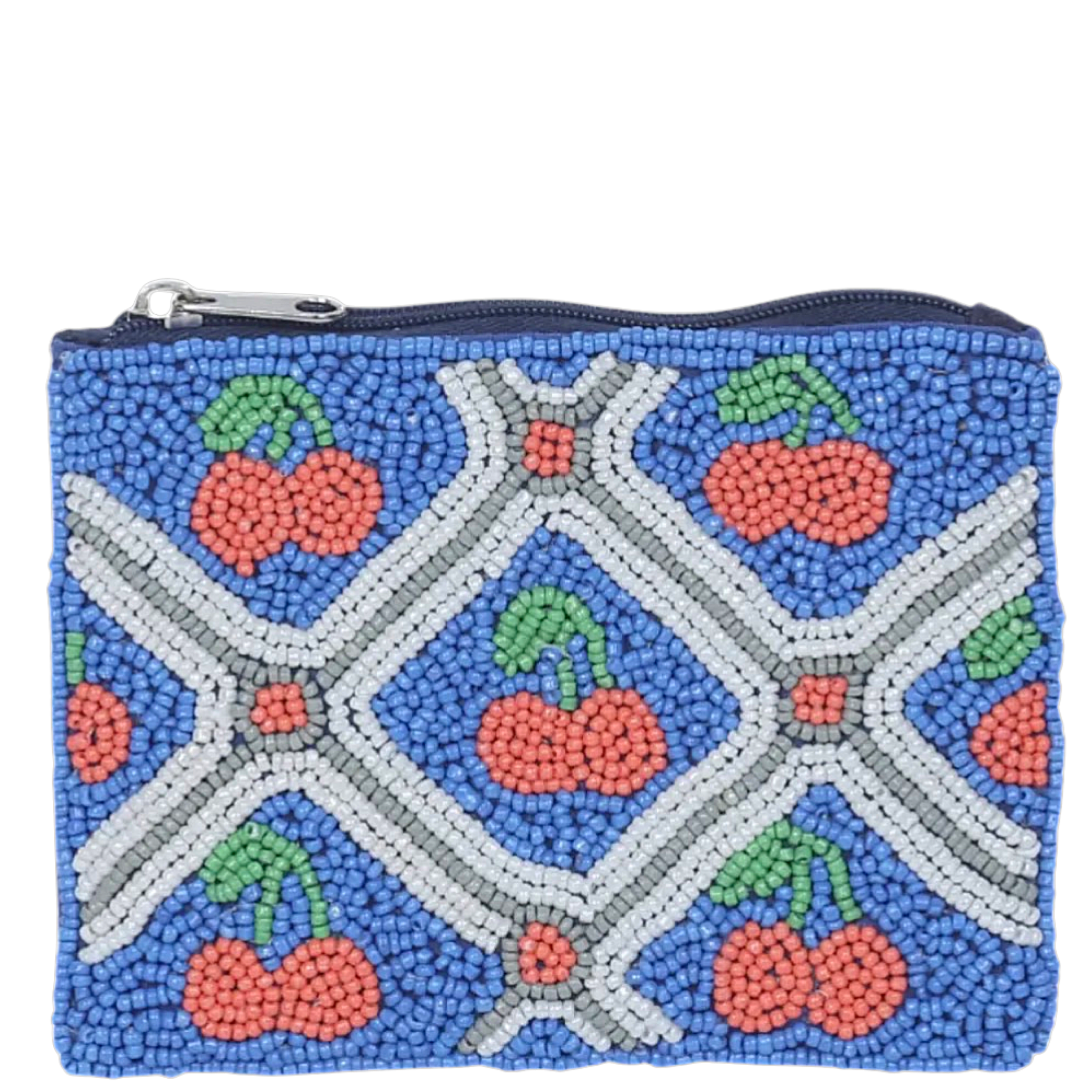 Cherries blue beaded coin purse