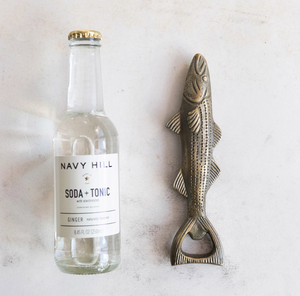 Cast Aluminum Fish Shaped Bottle Opener, Antique Gold Finish