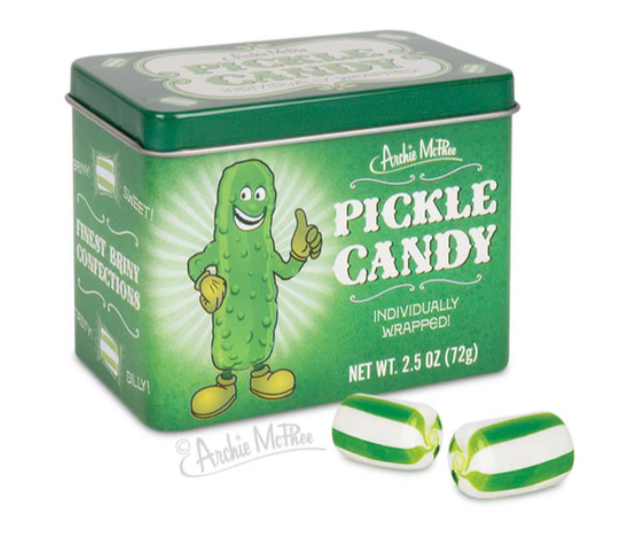 pickle candy in tin