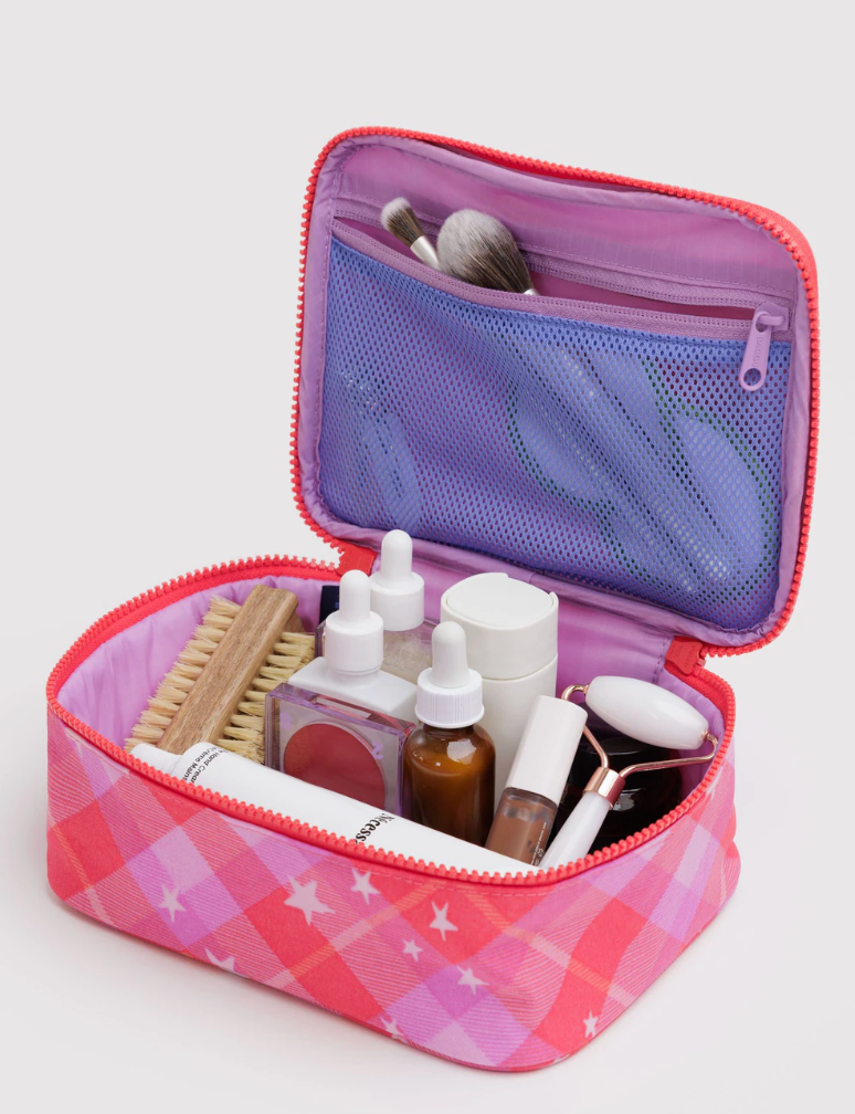 cosmetic case - pink star plaid