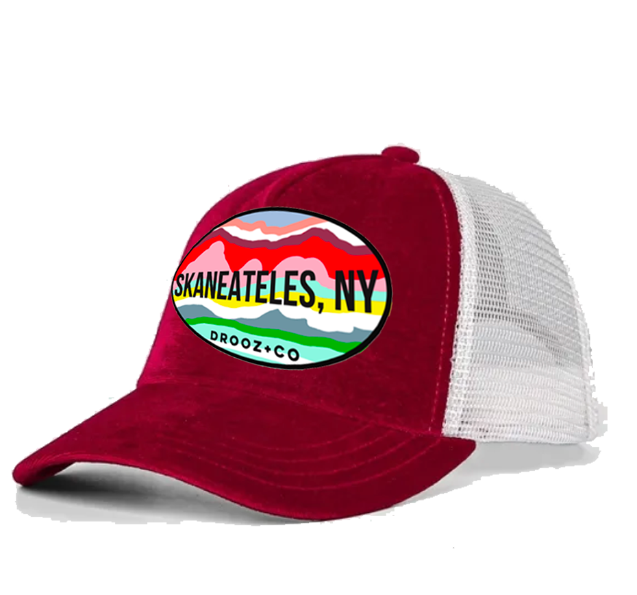 velvet trucker hat: SKANEATELES