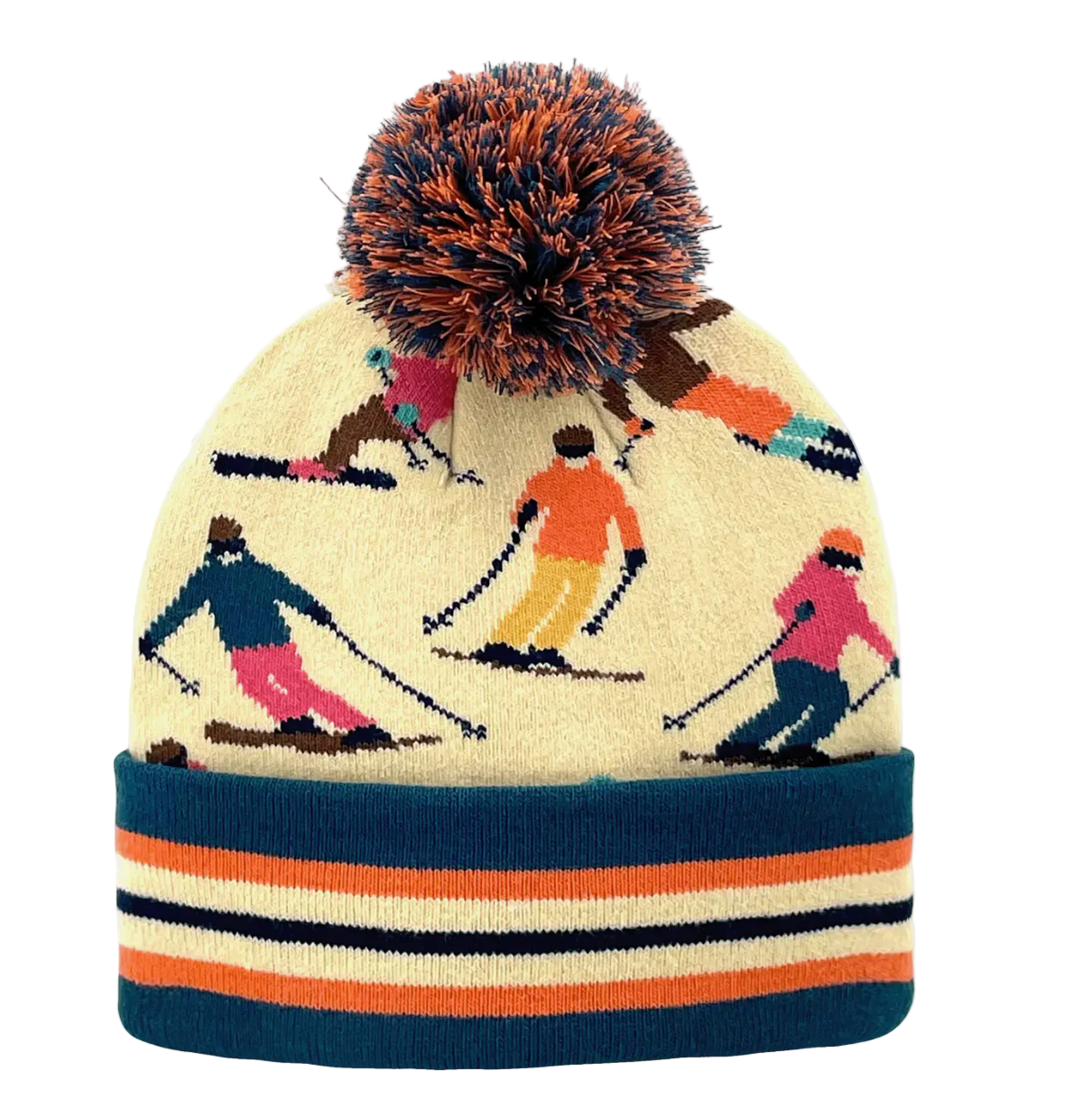 Skiers Pattern Winter Knit Beanie Hat with Pom Pom Top