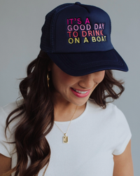 Navy Drink On A Boat Trucker Hat