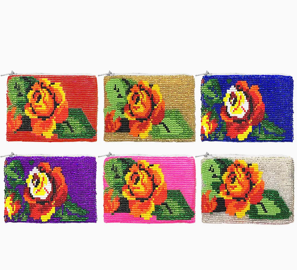 Beaded Rose Flower Seed Bead Coin Purse Pouch
