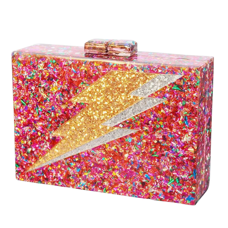 Pink Rainbow Confetti Lightning Bolt Acrylic Clutch